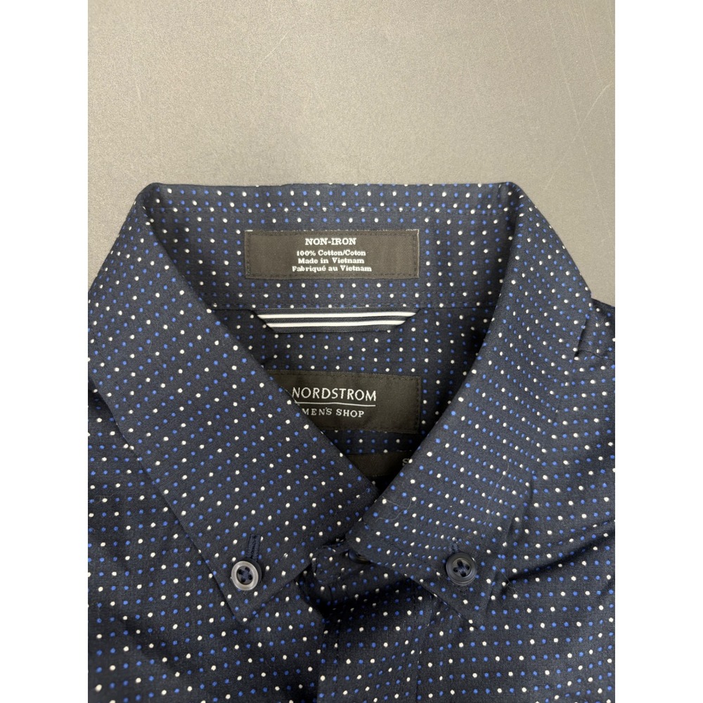 Nordstrom Mens Shop Navy Blue Polka Dot Non-Iron Trim Fit Button Down Shirt S - Picture 2 of 6